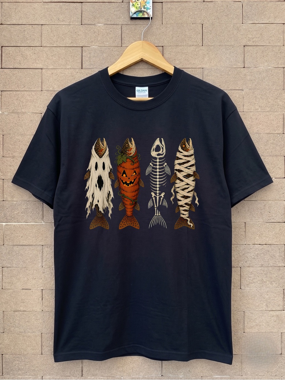 Gildan Black Halloween Fish Shirt, Skeleton Mummy Trout Tee
